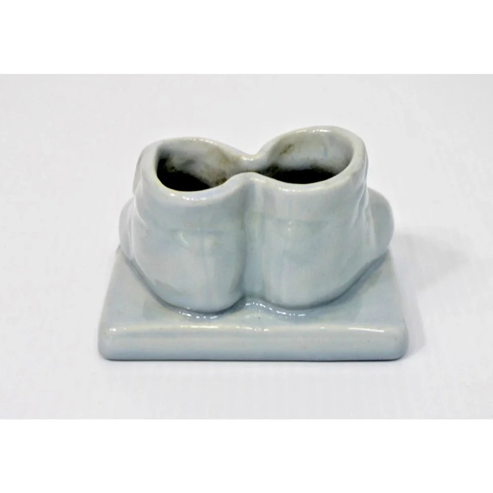 Vintage 1940s Haeger Blue Ceramic Baby Shoes Planter Nursery Decor Kitschy
